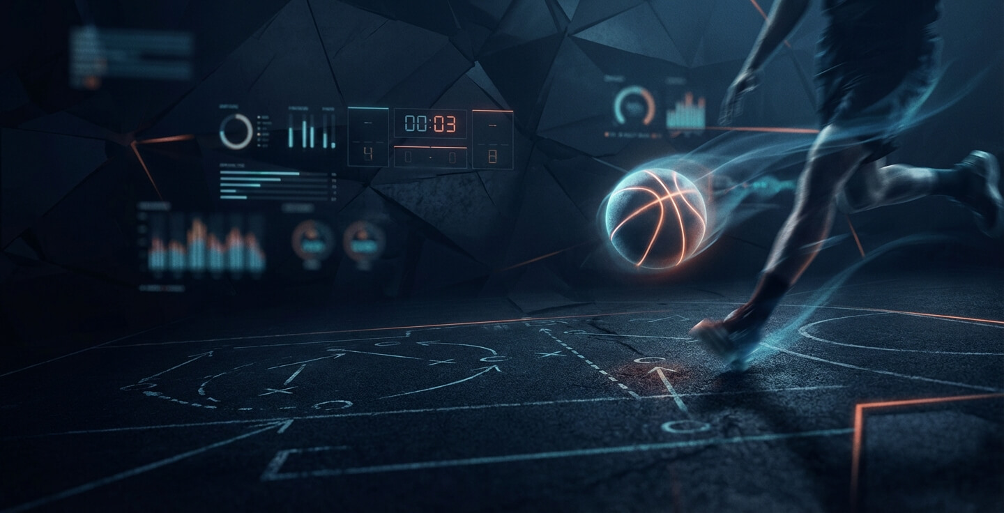 Dark, dynamic basketball court with digital analytics for improving your game skills.