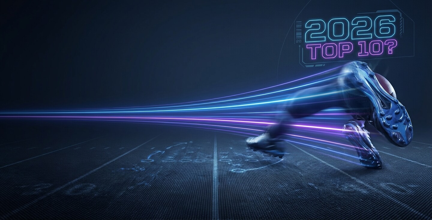 Futuristic NFL stadium graphic for Jeremiyah Love, 2026 Draft top 10 contender analysis.