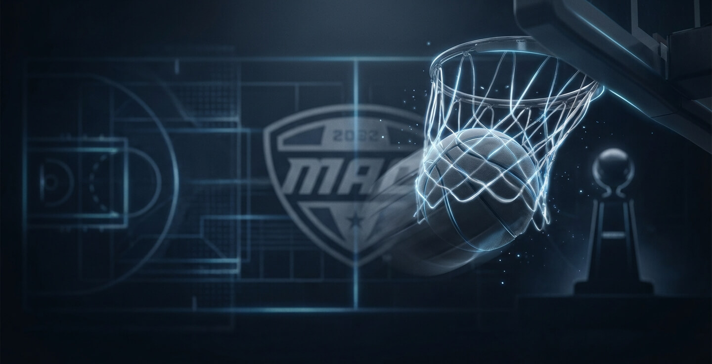 Sleek dark basketball court, digital scoreboard, motion trails. Predict MAC Tournament and March Madness winners.