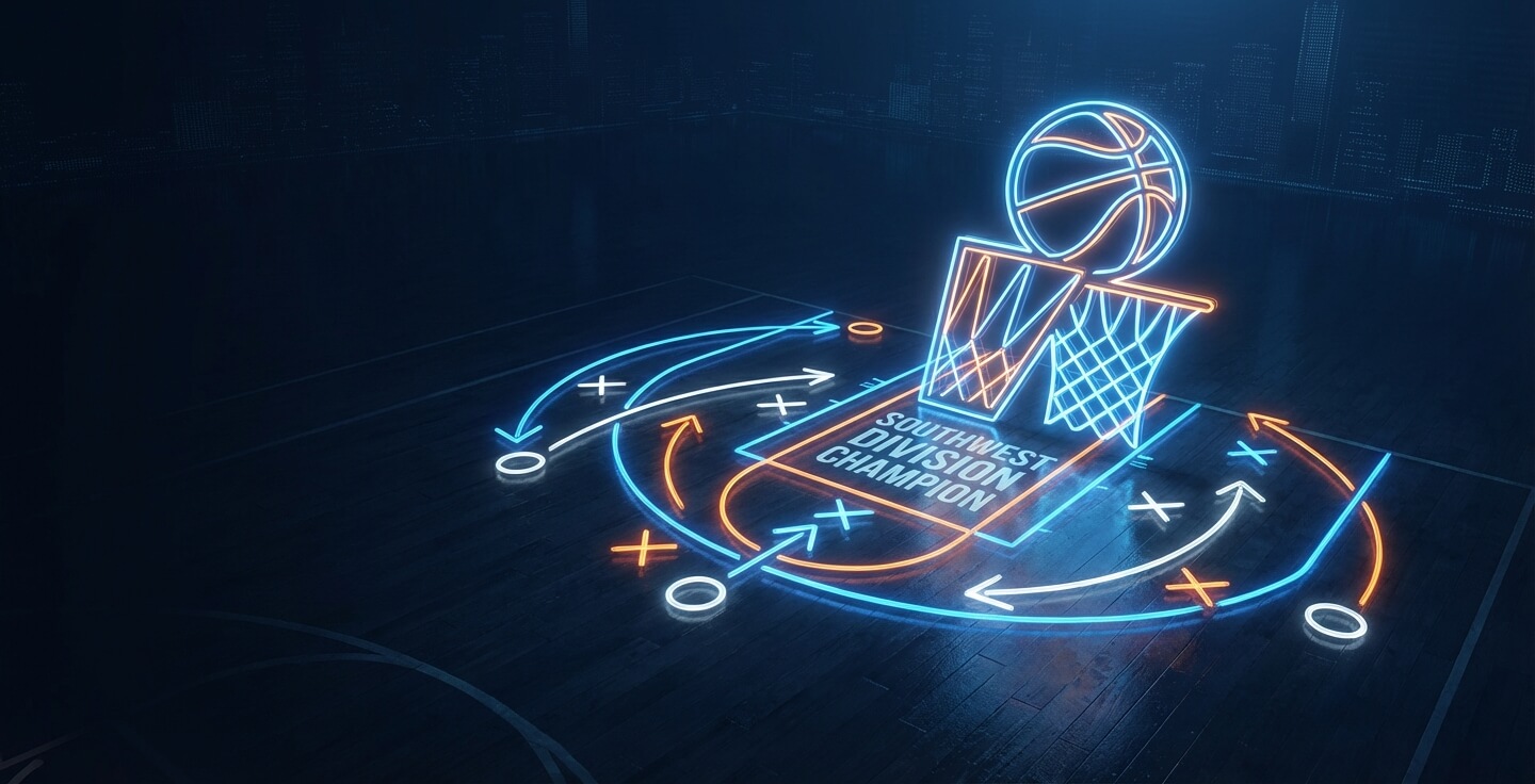 NBA Southwest Winner prediction: Mavericks, Grizzlies, Pelicans. Dynamic dark sports atmosphere with analytics.